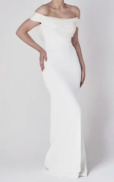 Off-the-shoulder Elegant Mermaid Satin Wedding Dress With Tiers And V-back sold by KissProm product image thumbnail 3