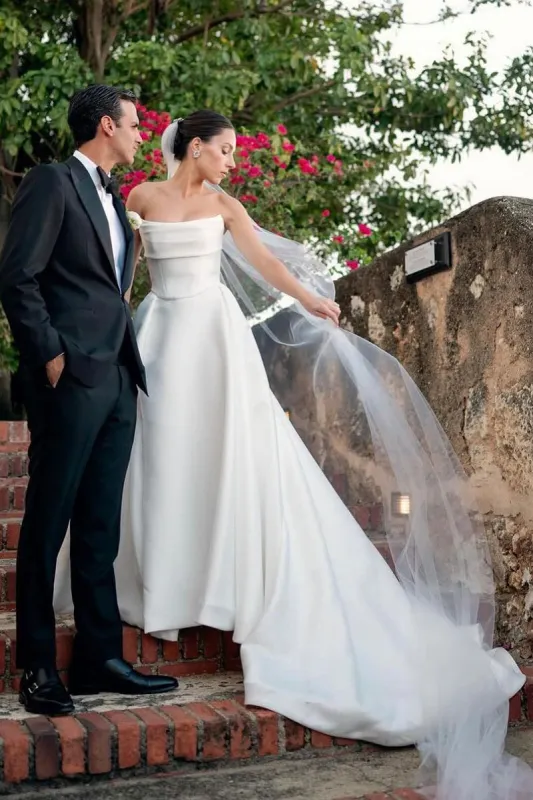 Lenny | White Strapless Satin A-Line Wedding Dresses sold by KissProm