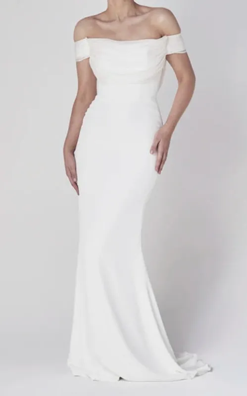 Off-the-shoulder Elegant Mermaid Satin Wedding Dress With Tiers And V-back sold by KissProm