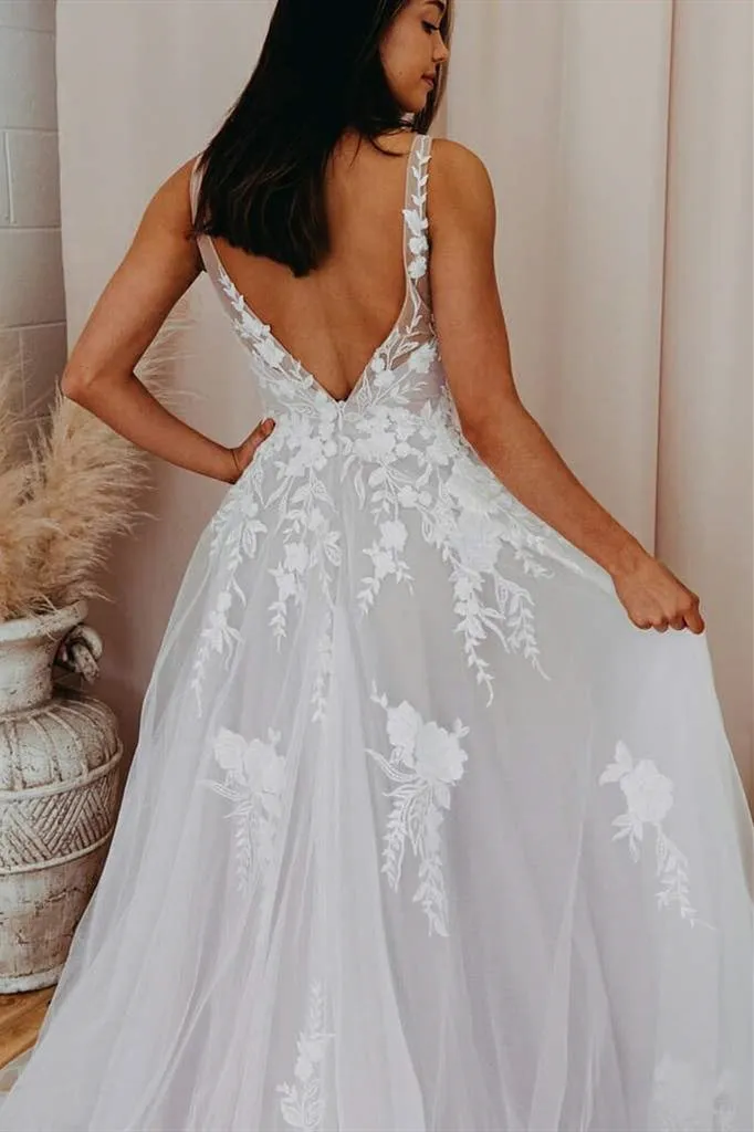 Malaya | A-Line V Back Long White Wedding Dress with Lace Appliqued sold by KissProm product image thumbnail 3