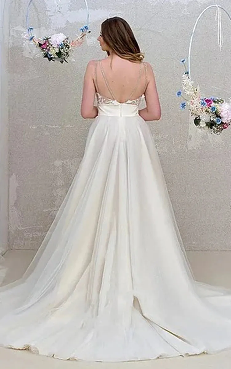 Ethereal A Line Floor-length Sleeveless Tulle Wedding Dress with Split Front sold by KissProm product image thumbnail 2