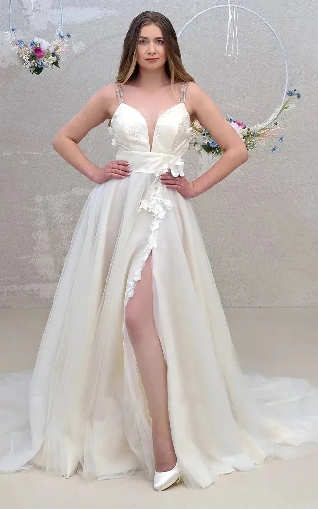 Ethereal A Line Floor-length Sleeveless Tulle Wedding Dress with Split Front sold by KissProm