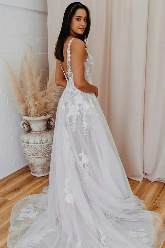 Malaya | A-Line V Back Long White Wedding Dress with Lace Appliqued sold by KissProm product image thumbnail 2