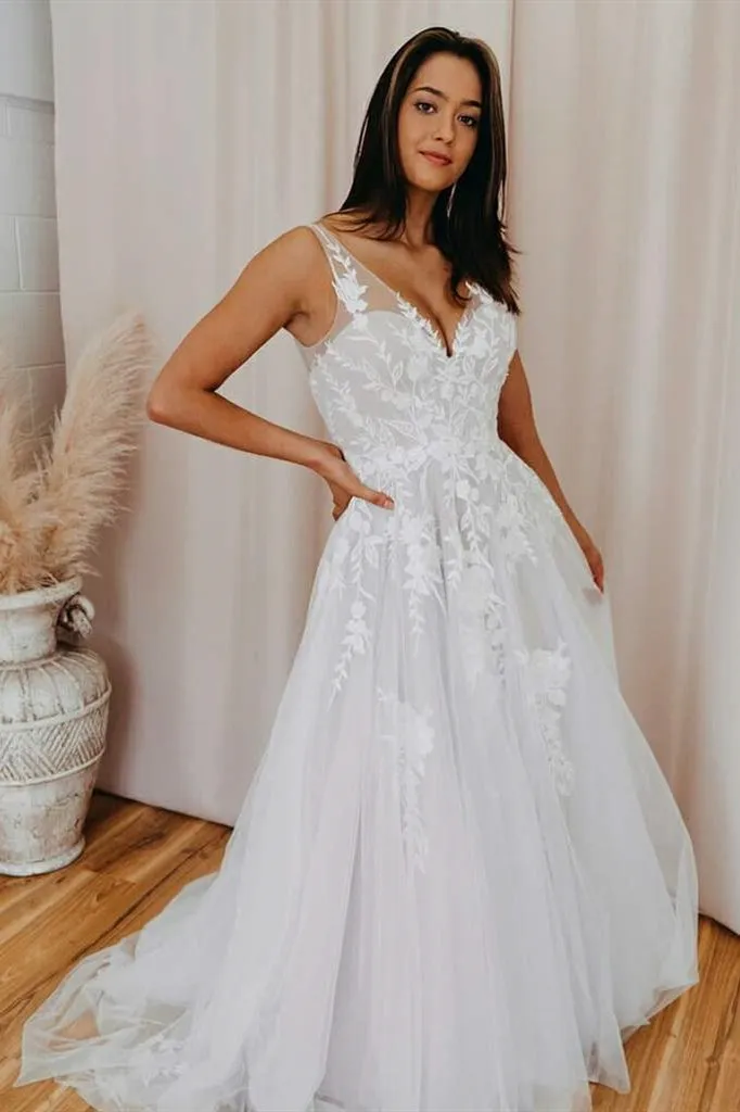 Malaya | A-Line V Back Long White Wedding Dress with Lace Appliqued sold by KissProm