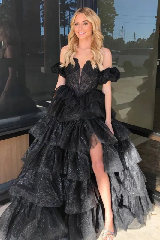 Sexy Sweetheart Black A-Line Lace Layered Dress with Slit sold by KissProm