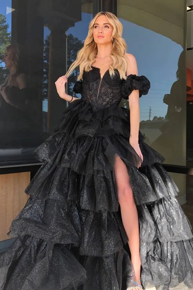 Sexy Sweetheart Black A-Line Lace Layered Dress with Slit sold by KissProm product image thumbnail 2