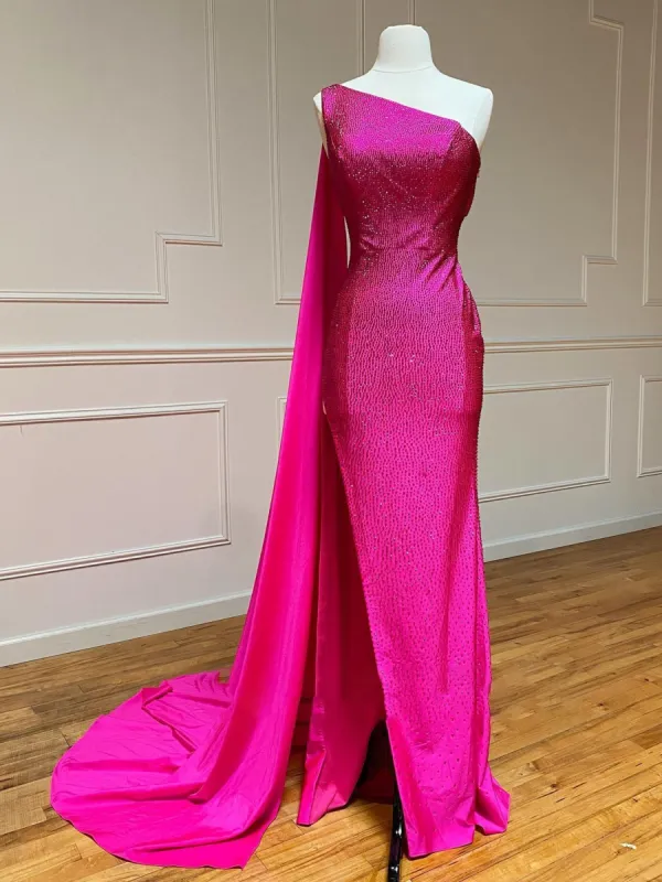 One Shoulder Glitter Mermaid Pink Long Prom Dress sold by KissProm