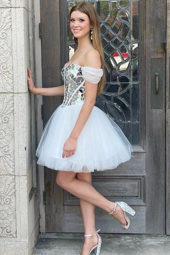 White Off-the-Shoulder Short Party Dress with Cut Glass Mirrors sold by KissProm