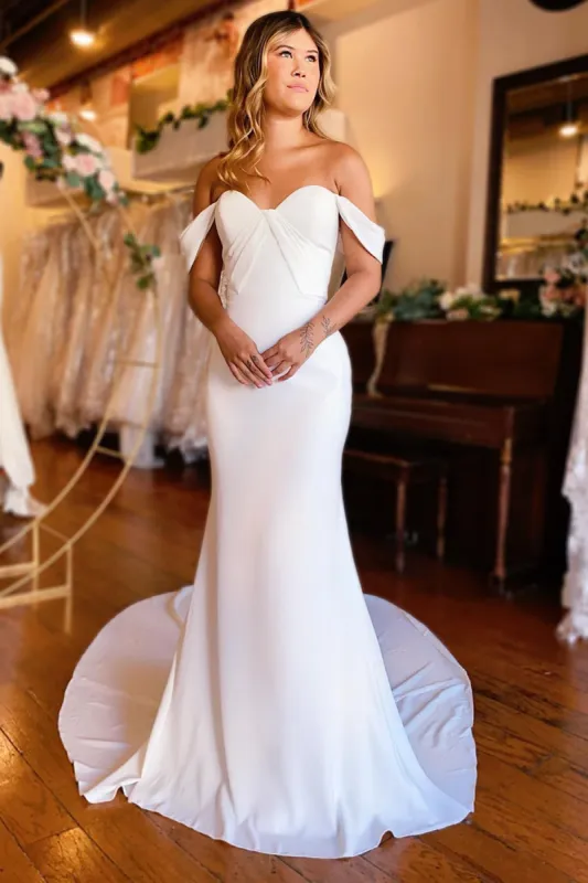 Naya | Simple White Mermaid Off-the-Shoulder Boho Wedding Dress sold by KissProm