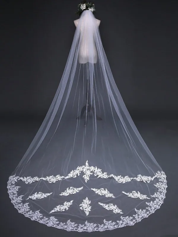 Simple One Tier White Cathedral Veils with Lace Train sold by KissProm