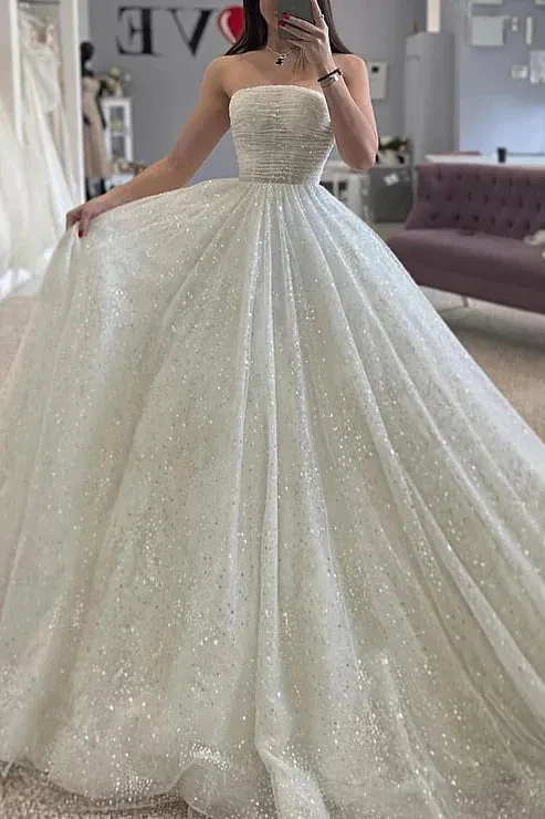 A-Line Detachable Off-Shoulder Empire Glitter Tulle Wedding Dress sold by KissProm product image thumbnail 2