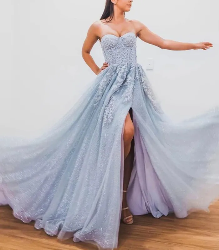 Jenna | A-Line Evening Gown Sparkle & Shine Dress Formal Court Train Sleeveless Sweetheart Tulle with Beading Slit Appliques sold by KissProm