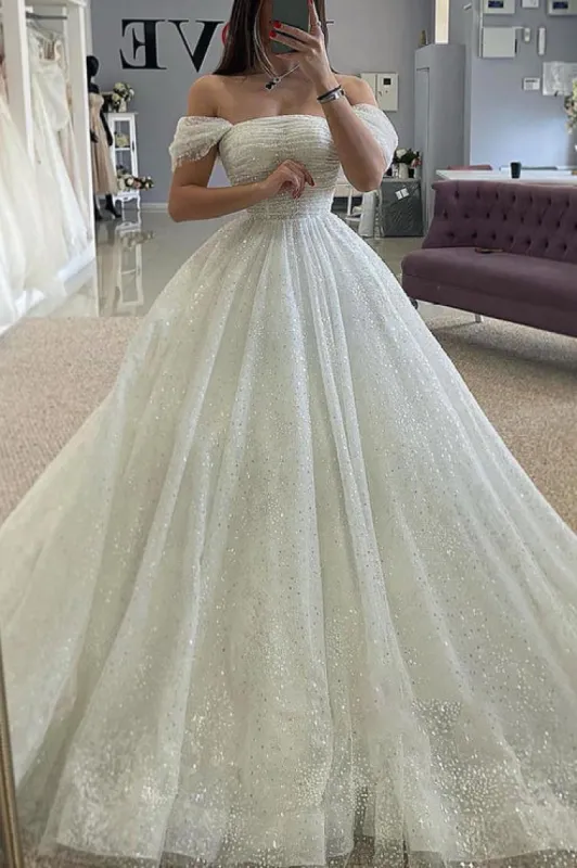 A-Line Detachable Off-Shoulder Empire Glitter Tulle Wedding Dress sold by KissProm