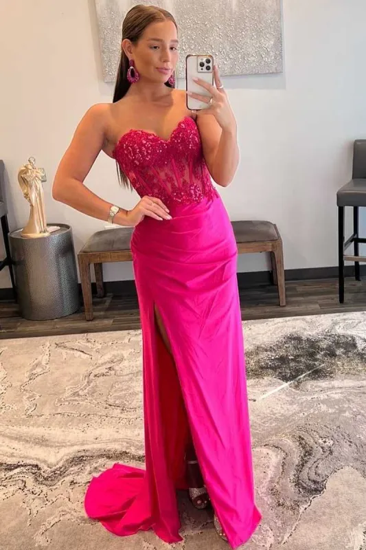 Ember | Sweetheart Corset Lace Hot Pink Long Prom Dress with Slit sold by KissProm