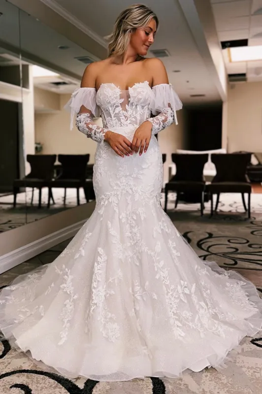 Baylor | White Floral Lace Sweetheart Mermaid Wedding Dress with Detachable Sleeves sold by KissProm