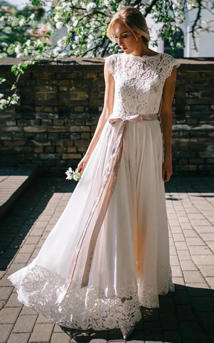 A Line Bateau Chiffon and Lace Floor-length Short Sleeve Wedding Dress with Ribbon sold by KissProm