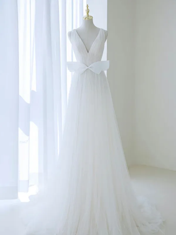 A-Line V Neck White Tulle Long Wedding Dress with Bow sold by KissProm