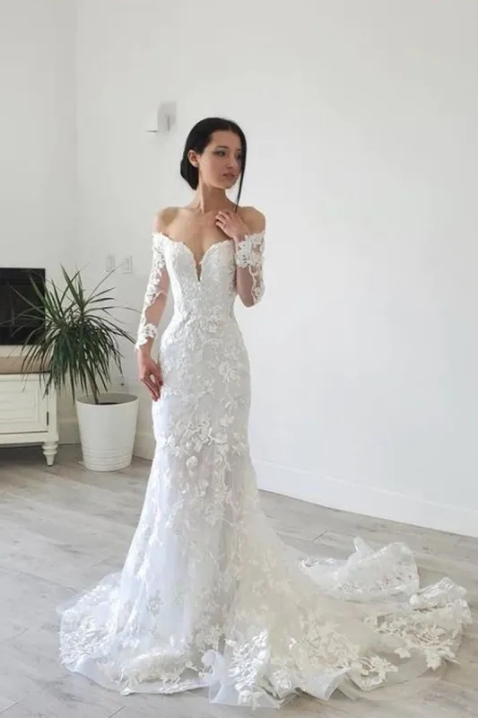 Elegant Mermaid Long Sleeve Off the Shoulder Lace Wedding Dress sold by KissProm