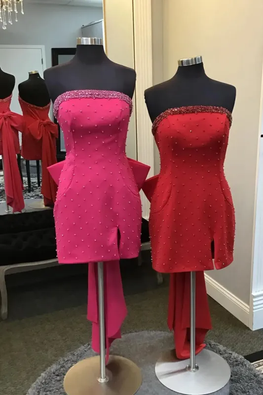 Ferris | Fuchsia Strapless Beaded Bodycon Short Homecoming Dress with Bow sold by KissProm