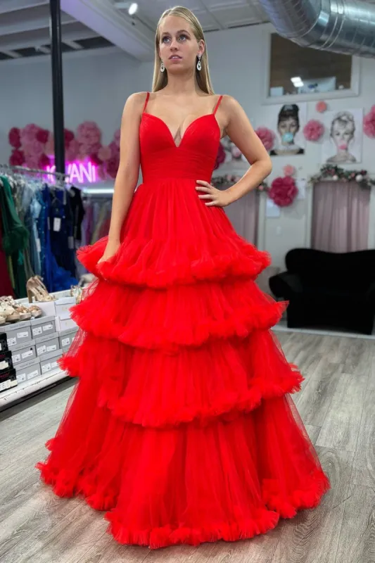 Skye |A-line V-Neck Tulle Prom Dress with Tiered Ruffles sold by KissProm