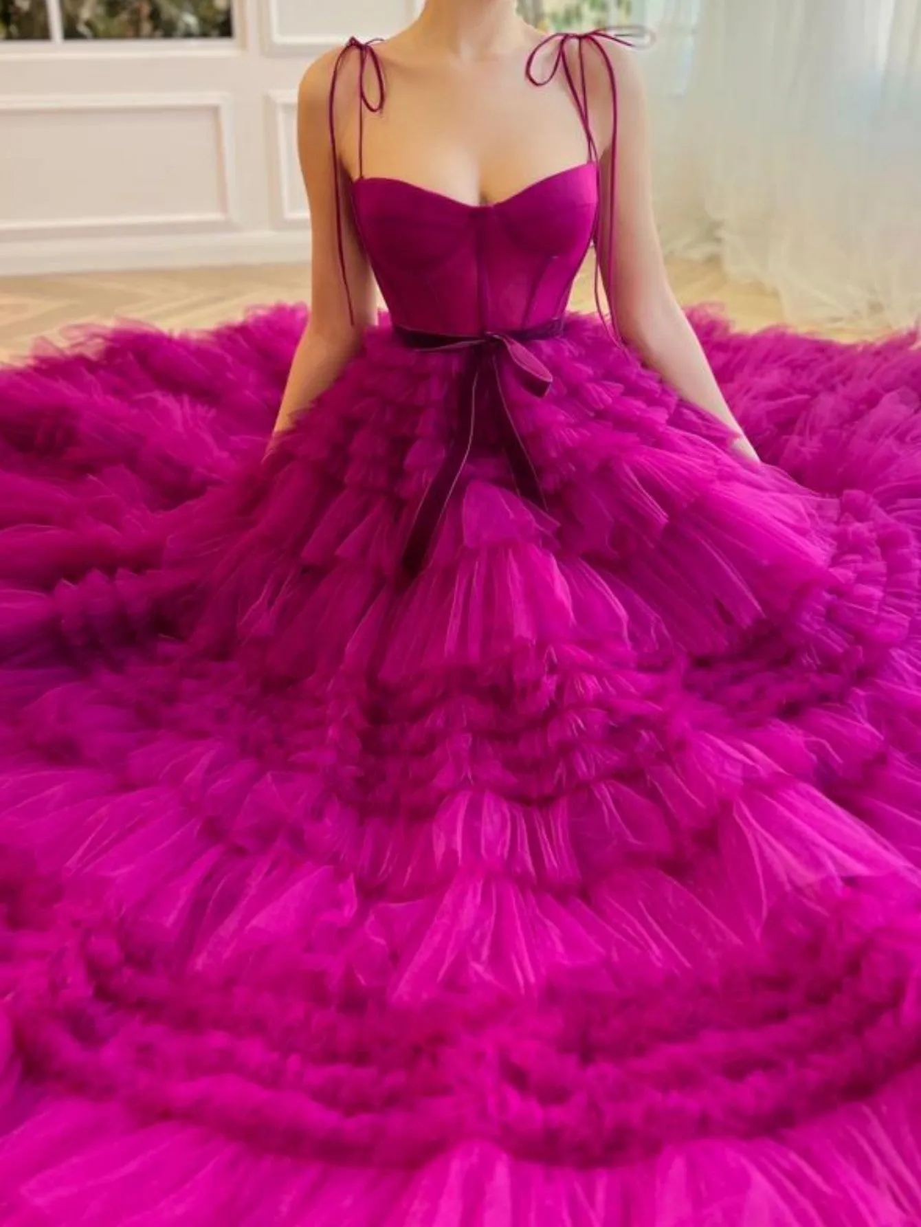 Blair |A Line Strapless Fuchsia Tiered Long Tulle Prom Dress sold by KissProm product image thumbnail 4