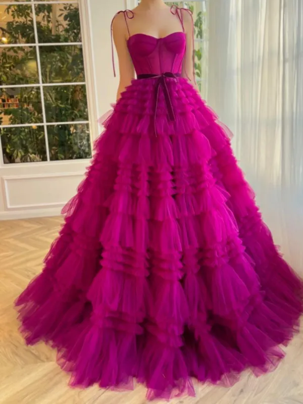 Blair |A Line Strapless Fuchsia Tiered Long Tulle Prom Dress sold by KissProm