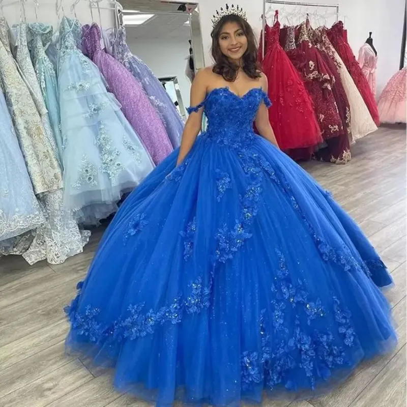 Royal Blue Off-Shoulder Ball Gown With Flowers Tulle Quinceanera Dress sold by KissProm