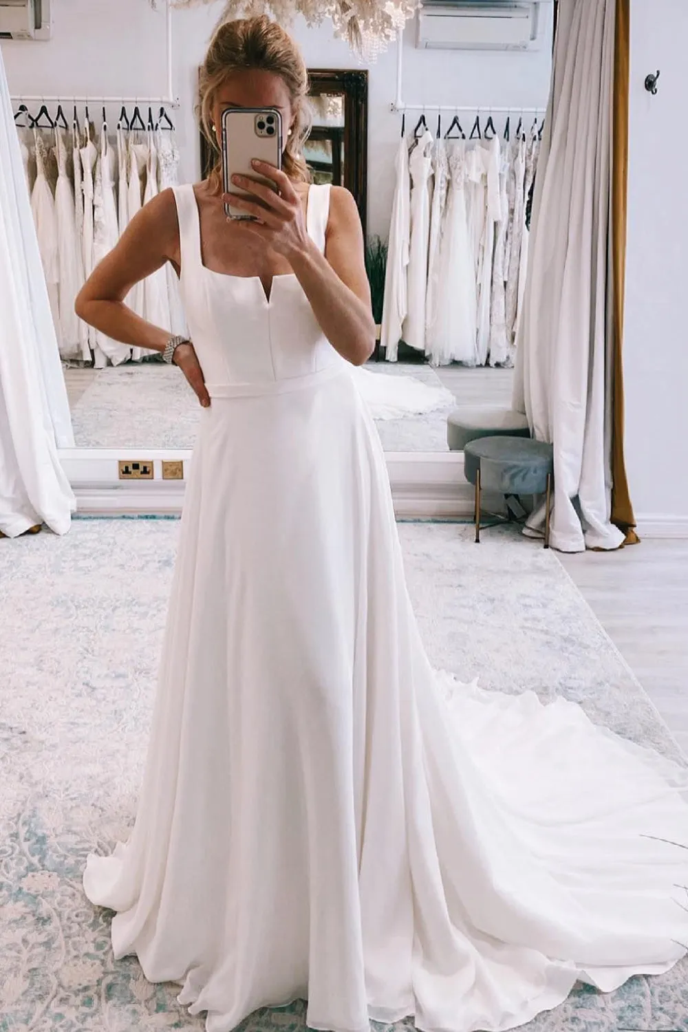 Bridget | Simple White Square Neck Boho Long Chiffon Wedding Dress sold by KissProm