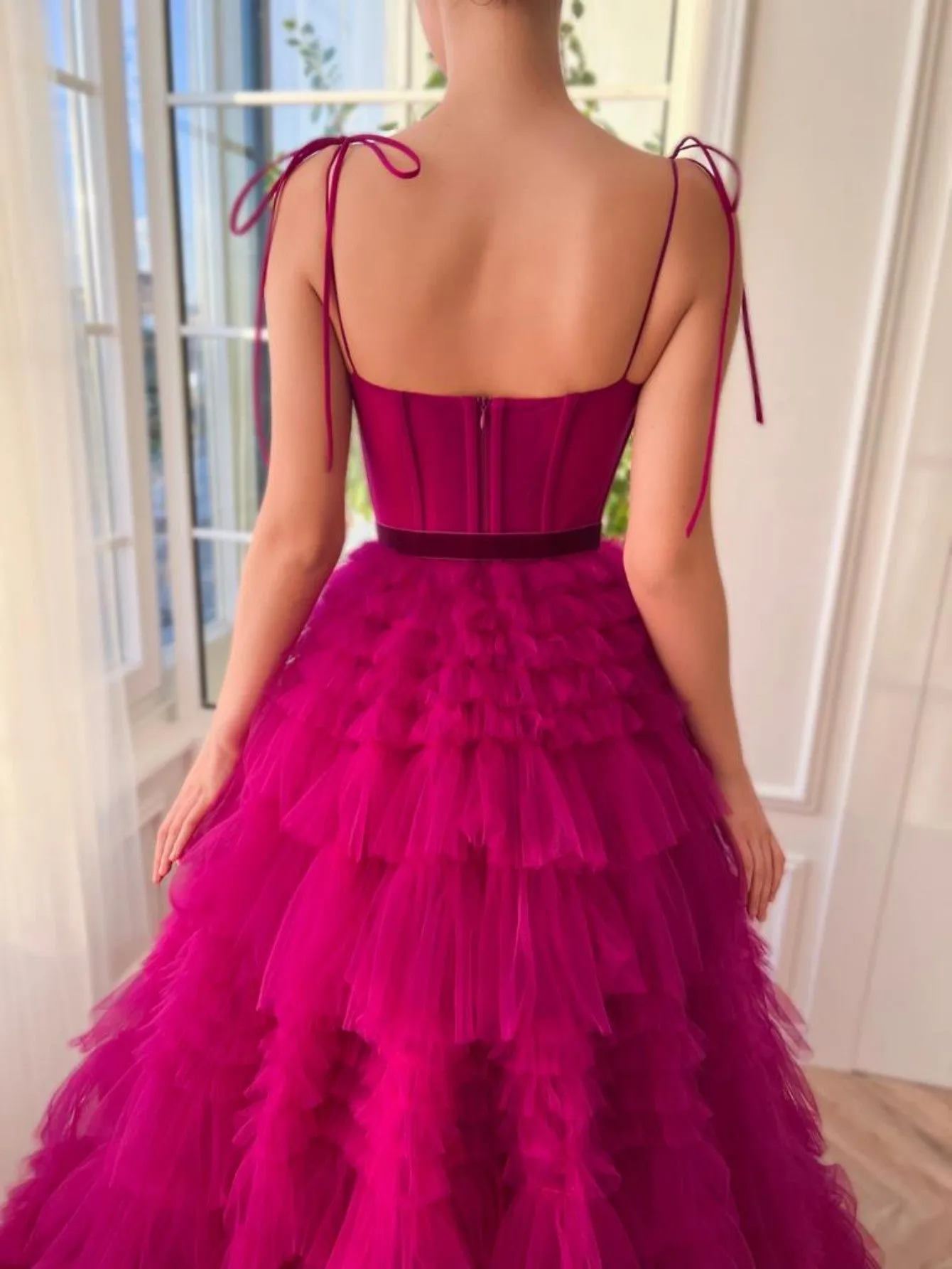 Blair |A Line Strapless Fuchsia Tiered Long Tulle Prom Dress sold by KissProm product image thumbnail 2