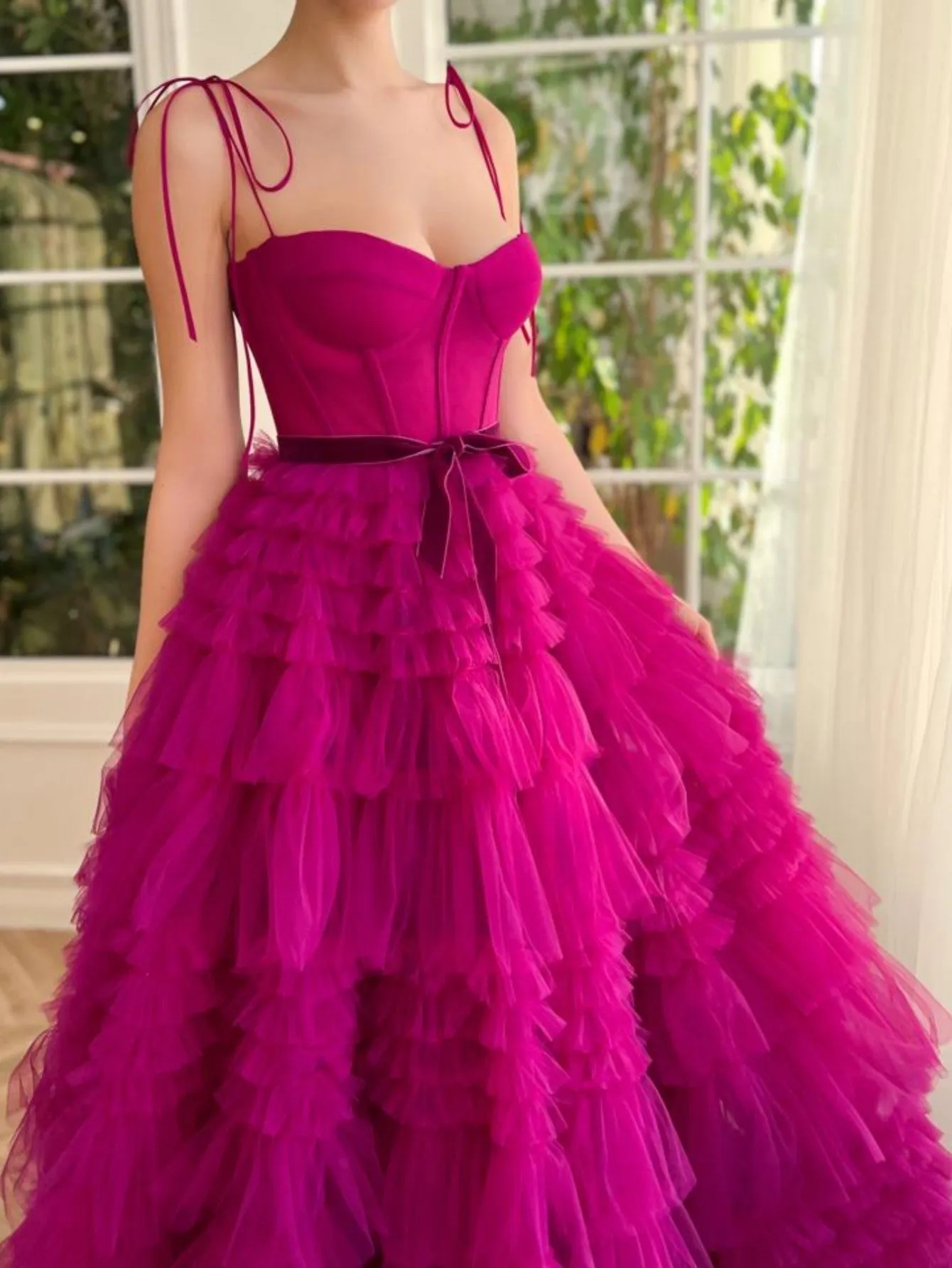 Blair |A Line Strapless Fuchsia Tiered Long Tulle Prom Dress sold by KissProm product image thumbnail 5