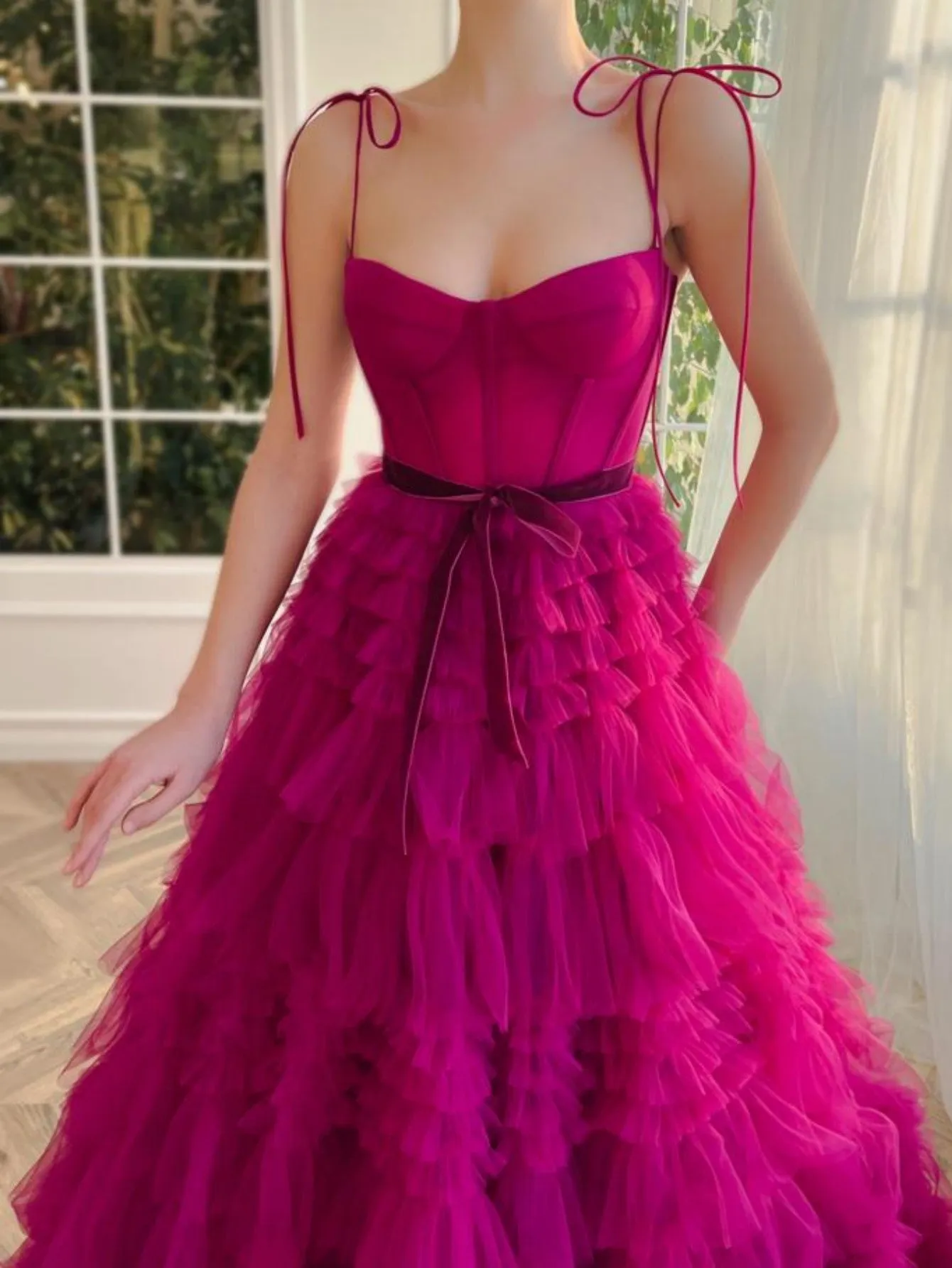 Blair |A Line Strapless Fuchsia Tiered Long Tulle Prom Dress sold by KissProm product image thumbnail 3