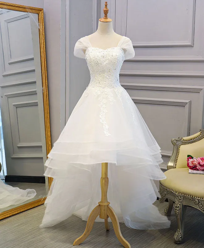 White Lace Tulle High Low Long Wedding Dress sold by KissProm