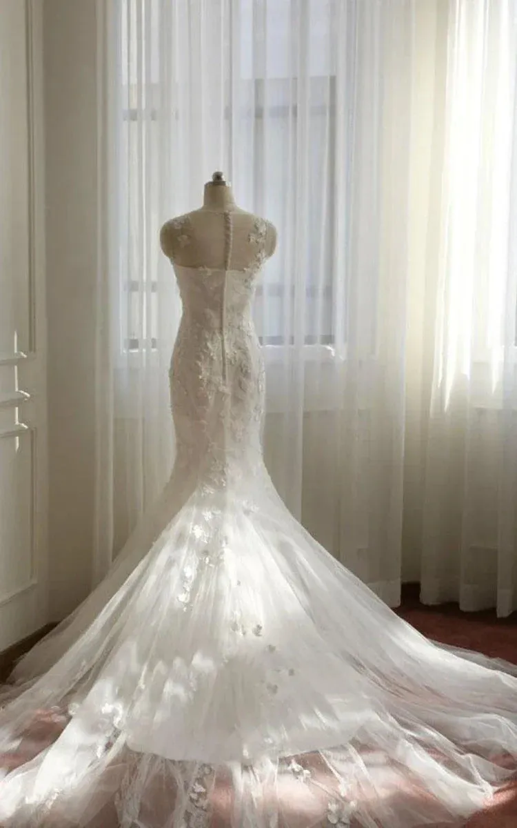 Mermaid Sleeveless Lace Appliques Covered-Button Tulle Wedding Dress sold by KissProm product image thumbnail 3