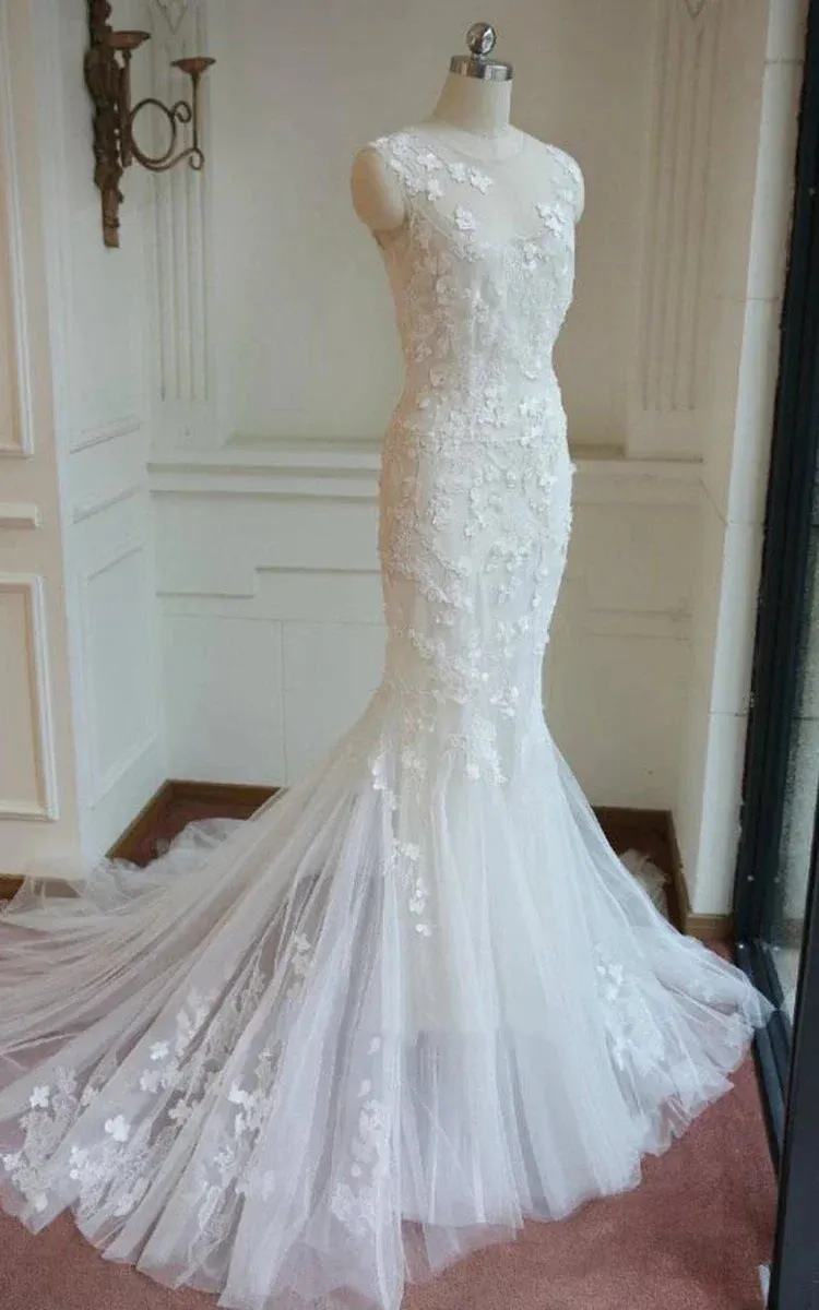 Mermaid Sleeveless Lace Appliques Covered-Button Tulle Wedding Dress sold by KissProm