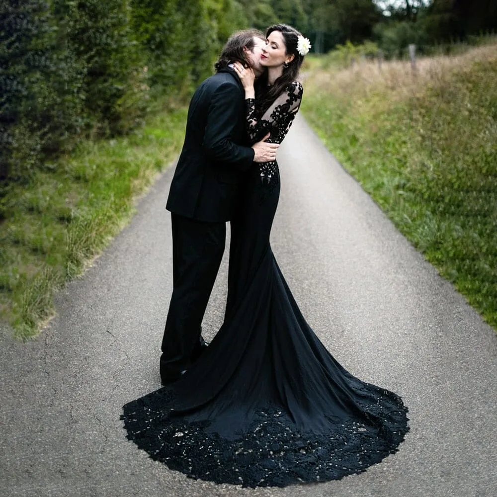 Black Mermaid Floral Lace Wedding Dress with Appliques sold by KissProm product image thumbnail 3