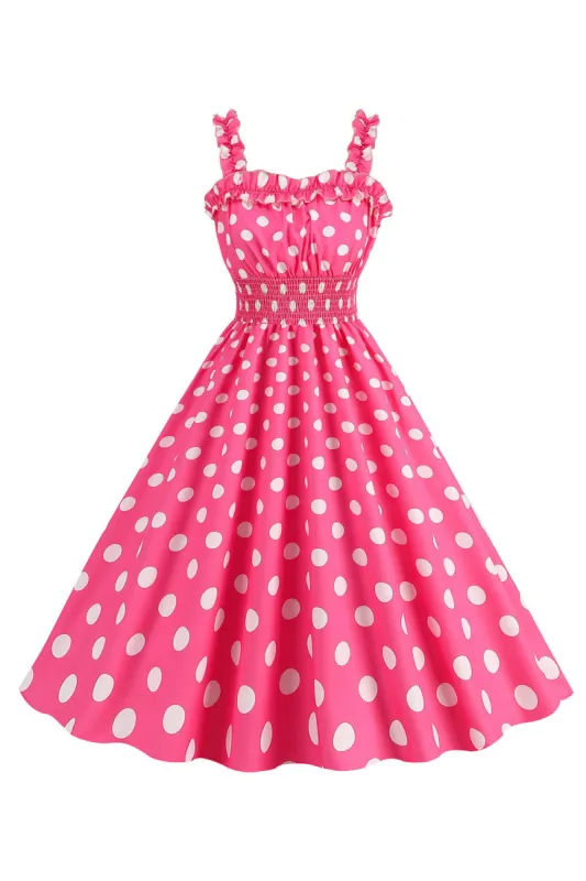 Pink Polka Dots A Line Smocked 1950s Dress sold by KissProm
