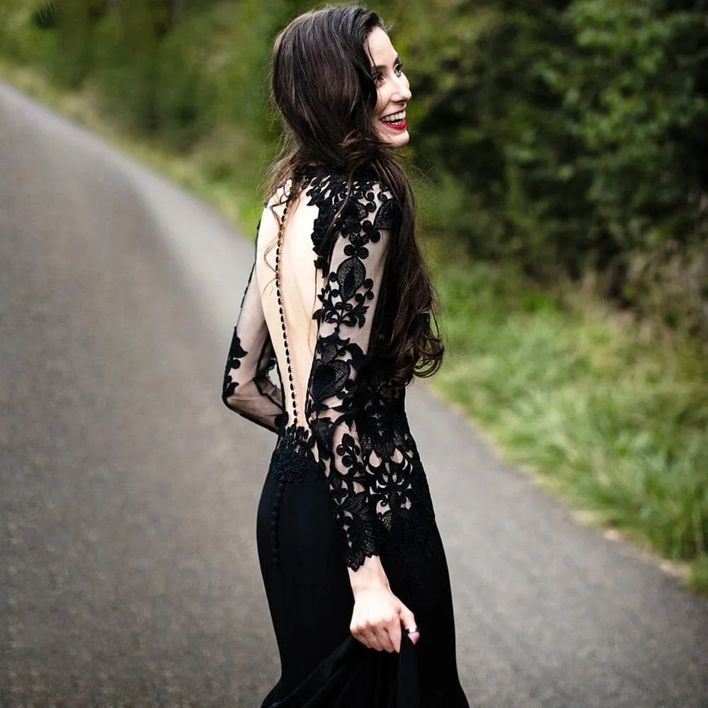 Black Mermaid Floral Lace Wedding Dress with Appliques sold by KissProm product image thumbnail 5