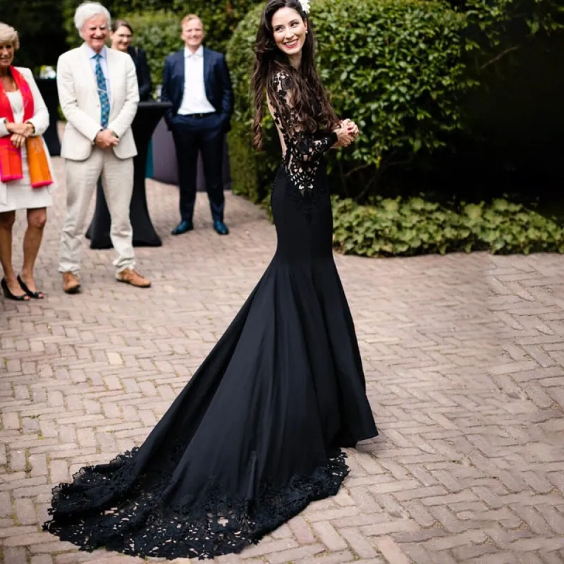 Black Mermaid Floral Lace Wedding Dress with Appliques sold by KissProm