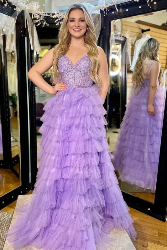 Marissa | Lavender Appliques V-Neck Ruffle Tiered Long Prom Dress sold by KissProm