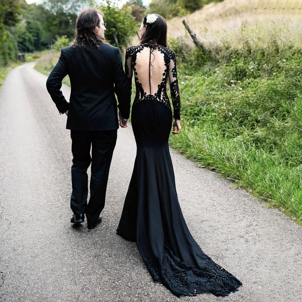 Black Mermaid Floral Lace Wedding Dress with Appliques sold by KissProm product image thumbnail 2