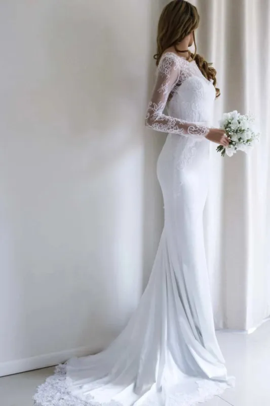 Bateau Lace Long Sleeve Sheath Chiffon Wedding Dress With Sweep Train sold by KissProm