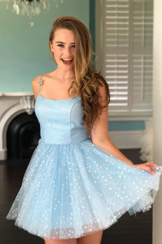 Spaghetti Straps Light Blue Short Homecoming Dress with Stars sold by KissProm