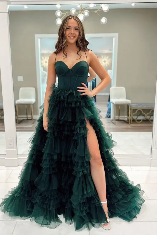 Dark Green Sweetheart Ruffle Tiered Tulle Long Prom Dresses with Slit sold by KissProm