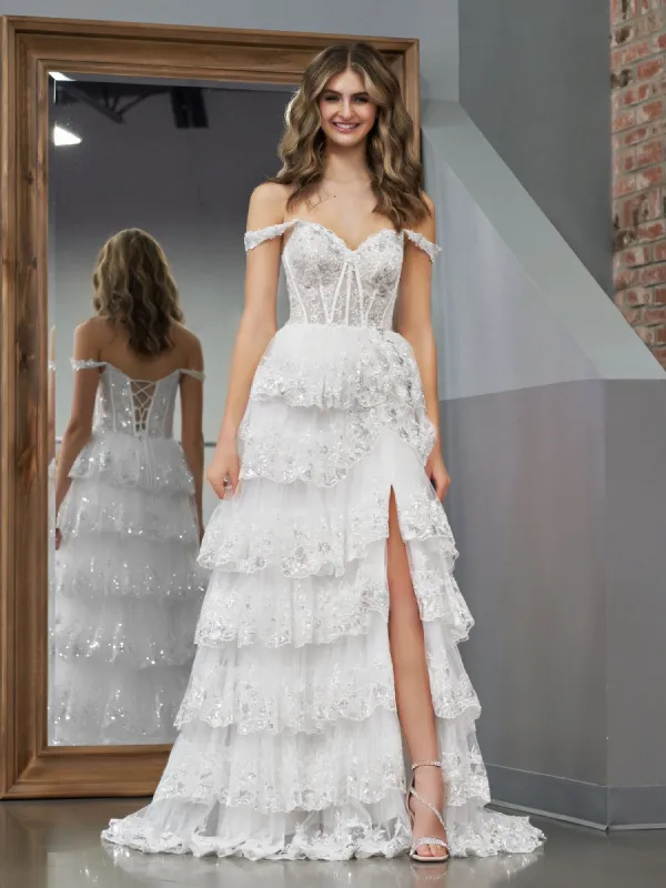 White Princess A Line Off the Shoulder White Corset Prom Dress with Lace Ruffles sold by KissProm