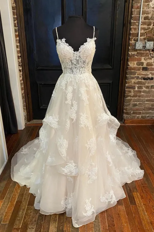 Halle | A-Line Straps Ivory Long Wedding Dress with Appliques sold by KissProm