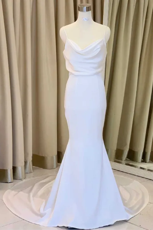 Mermaid Cowl Neck White Satin Long Wedding Dress sold by KissProm