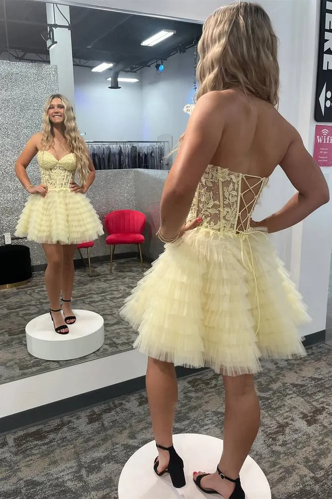 Jasna | A-Line Ruffled Yellow Strapless Corset Short Homecoming Dress sold by KissProm product image thumbnail 2