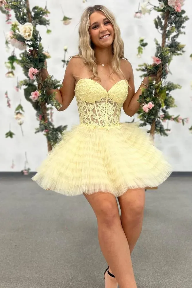 Jasna | A-Line Ruffled Yellow Strapless Corset Short Homecoming Dress sold by KissProm