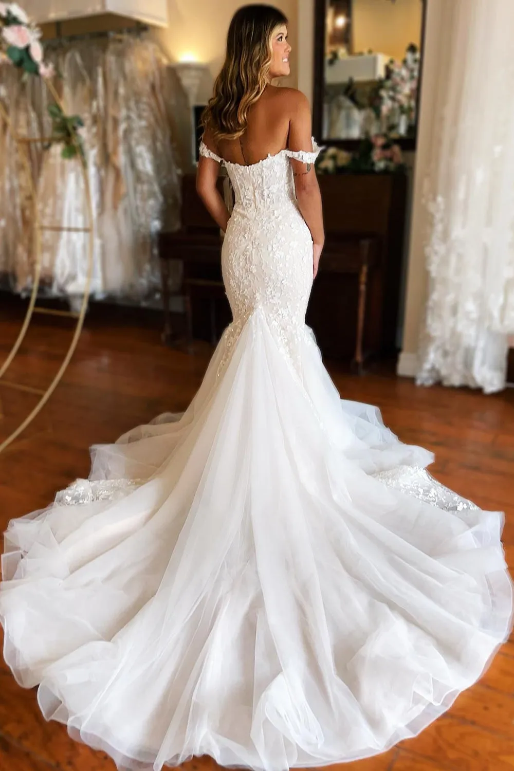 Amoura | Mermaid White Lace Sweep Train Long Wedding Dress with Appliques sold by KissProm product image thumbnail 2