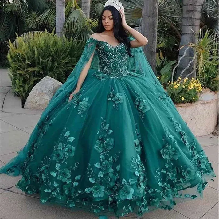 Alethea | Dark Green Organza Off-the-Shoulder Ball Gown Quinceanera Dress sold by KissProm